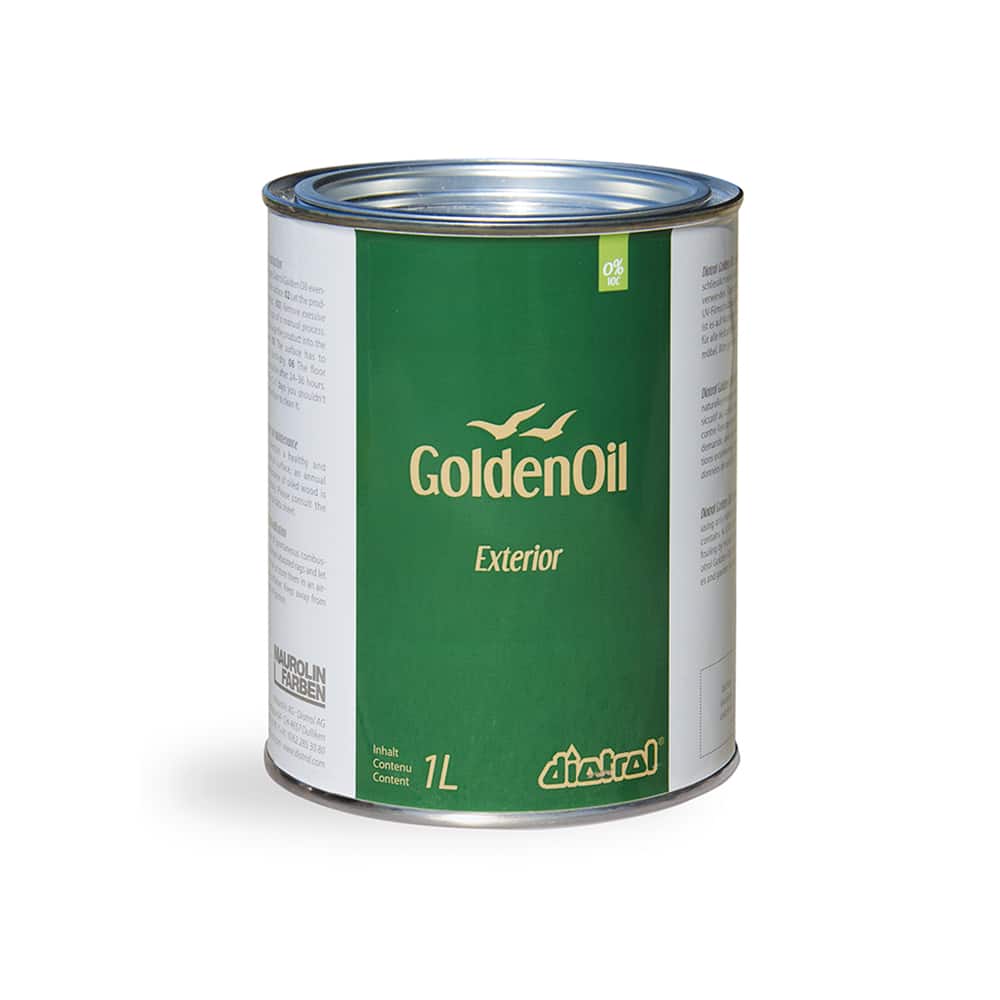 Diotrol Golden Oil Exterior ist geeignet für alle Holzarten im Aussenbereich. Speziell eignet sich das GO Exterior für Terrassen und Gartenmöbel.