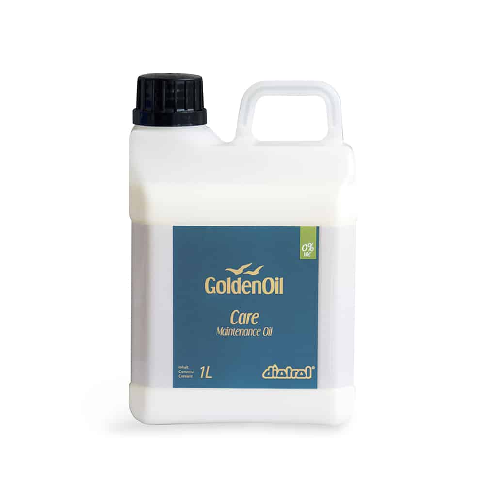 Diotrol Golden Oil Care – Maintenance Oil ist ein organisches, naturbelassenes Pflegeöl, hergestellt mit Naturölen aus nachwachsenden Rohstoffen und Carnauba Wachs. Dieses Spezialöl wird eingesetzt, um abgenutzte oder verblasste Holzoberflächen in neuem Glanz erscheinen zu lassen.